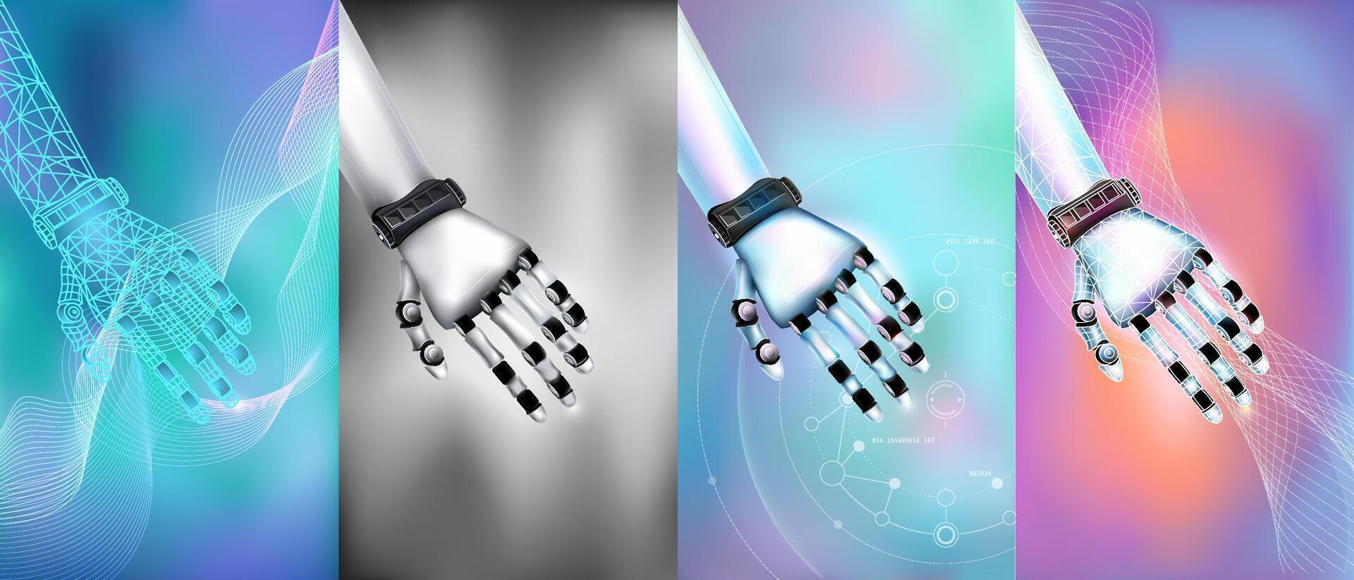Digital models of robot hands on an abstract bright background. vector
