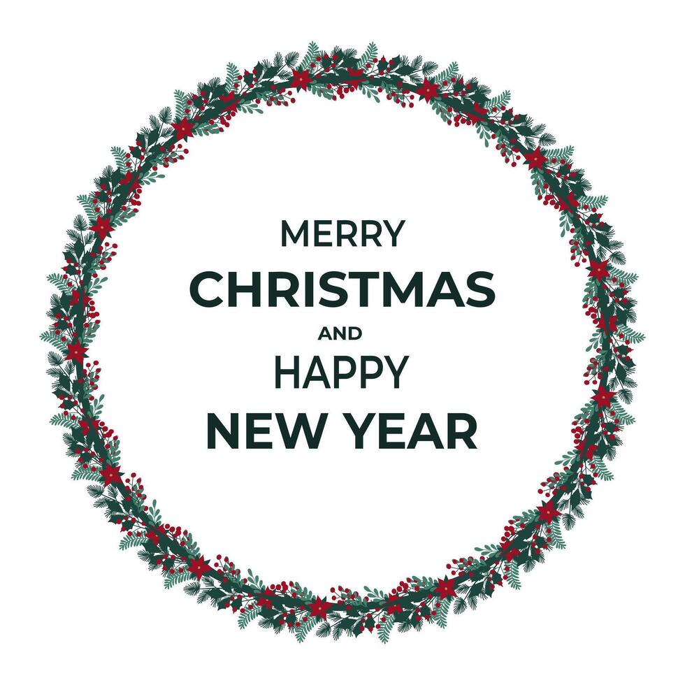 Merry Christmas and Happy New Year greeting card with floral wreath on white background vector