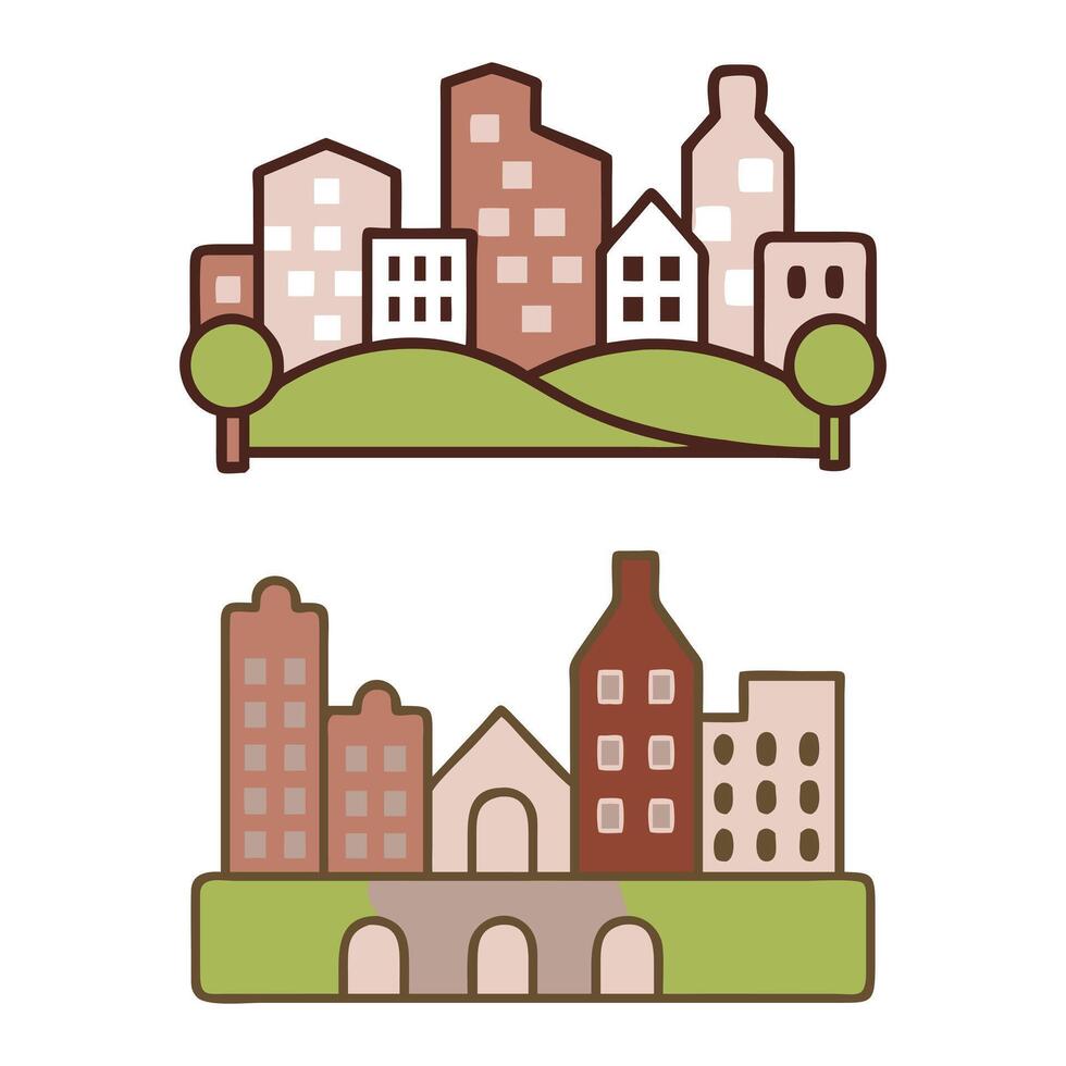 Cute urban skyline illustration featuring small buildings surrounded by greenery vector