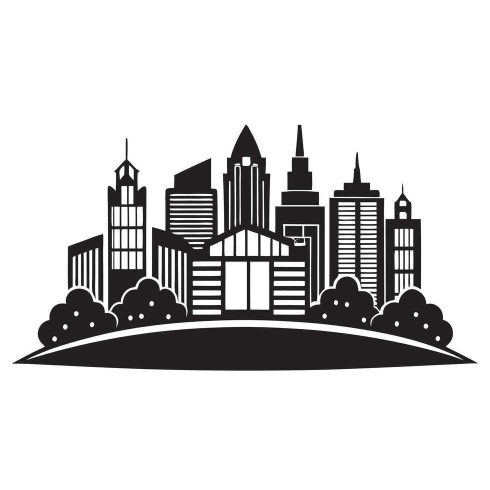 Black silhouette cityscape with high-rise skyscrapers, trees, and clean urban design vector