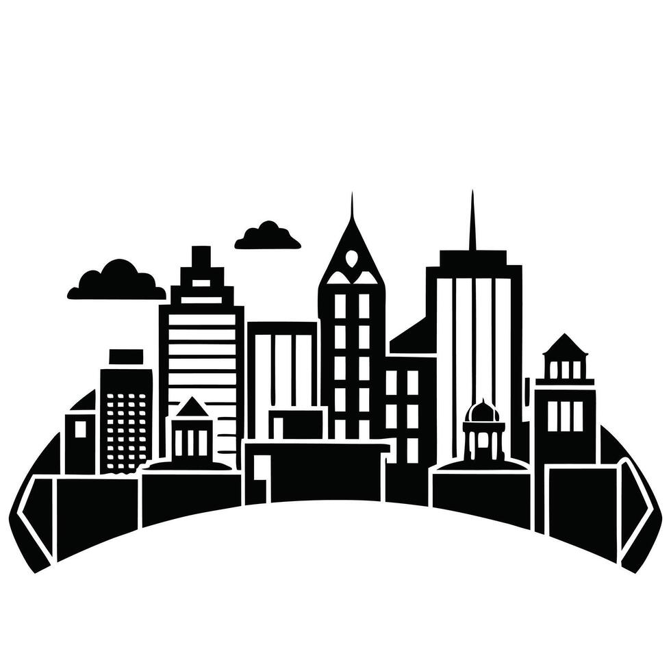 Urban city skyline with bold black and white design, featuring skyscrapers and urban elements vector