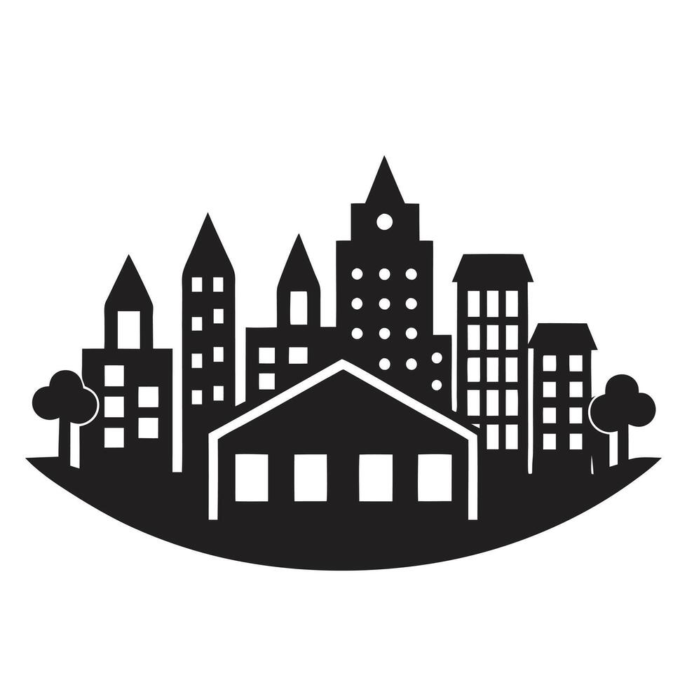 Black and white cityscape silhouette with trees and urban houses in a clean design vector