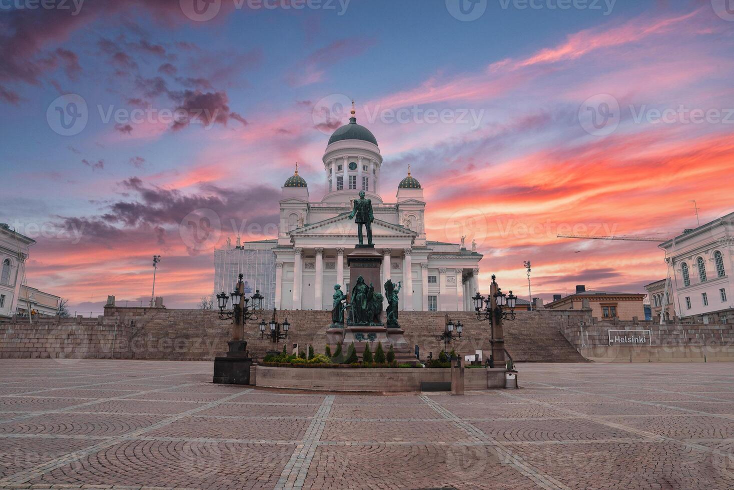 Helsinki Cathedral and Alexander II Statue at Sunset in Senate Square photo