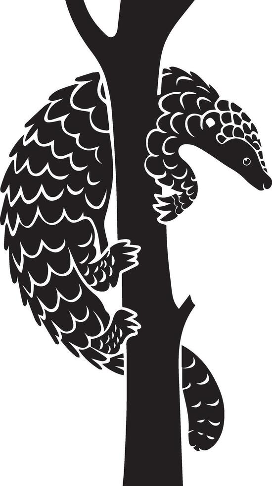 The pangolin is climbing a tree. The image is in the style of an illustration. vector