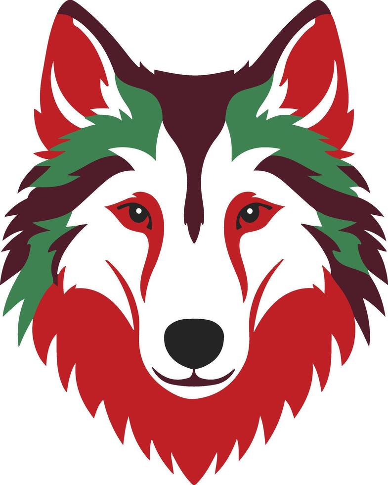 The head of a wolf is shown in red, green and white vector