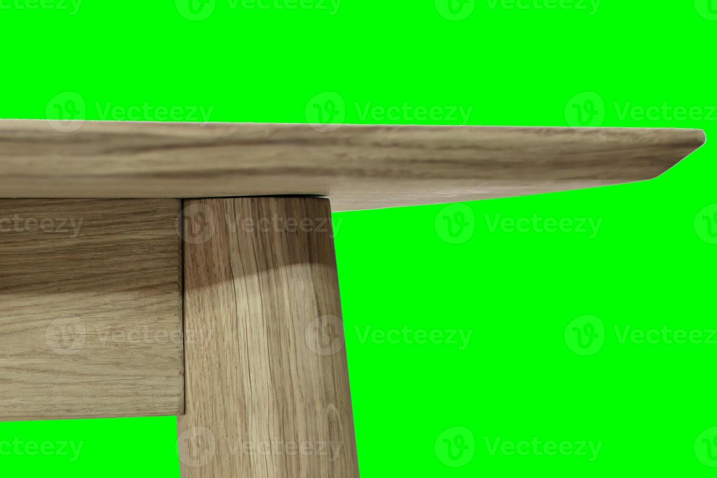 Wooden dinner table surface. Natural wood furniture close view. Tabletop isolated over green screen chroma key background photo