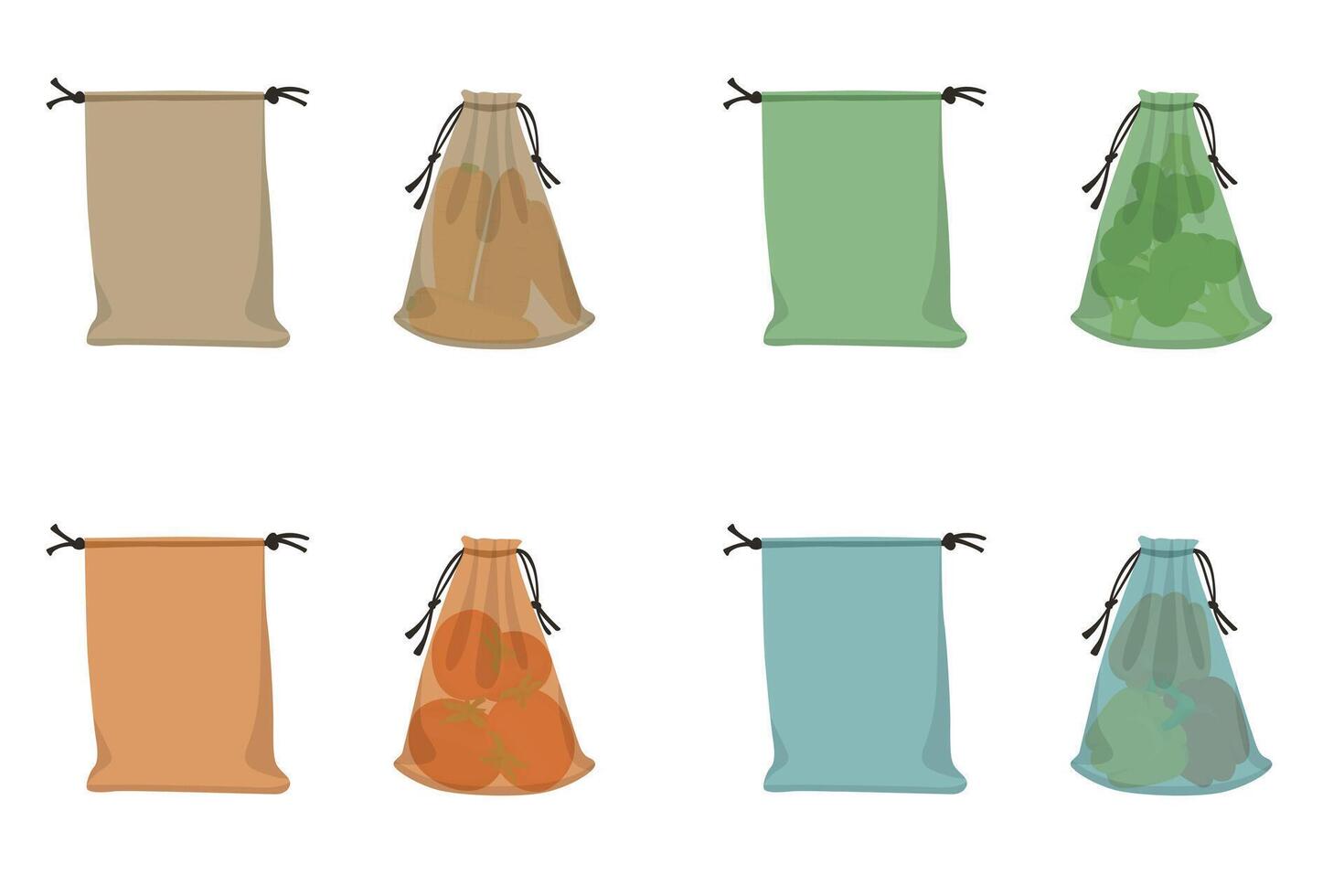 Fabric eco bags, textile packaging with carrots, tomato, broccoli, pepper. Farm products vector