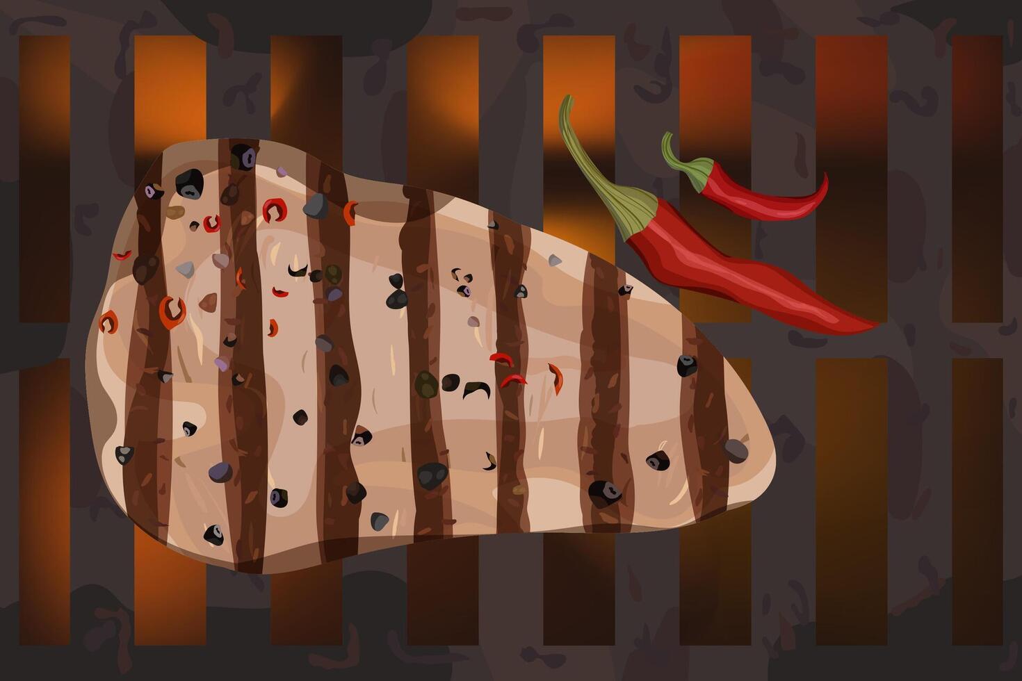 Grilled meat with chili pepper. White background. Grill with coals and fire. vector