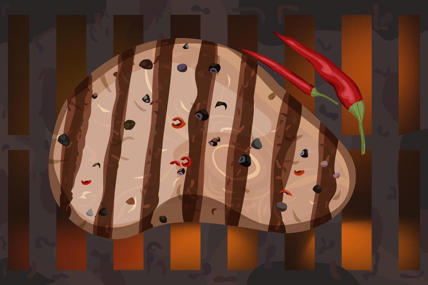 Barbecue grilled meat with chili pepper. White background. Grill with coals and fire. vector
