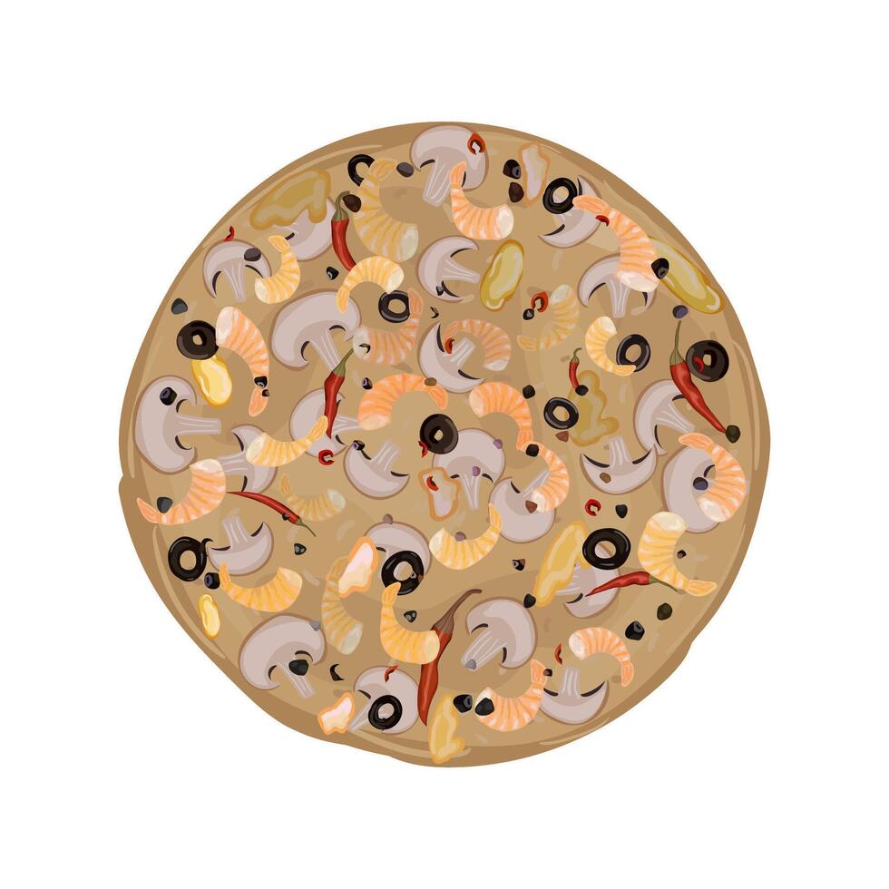 Pizza with mushrooms and shrimps. Tomato, pepper, olives, cheese, dough champignons seafood seasoning vector