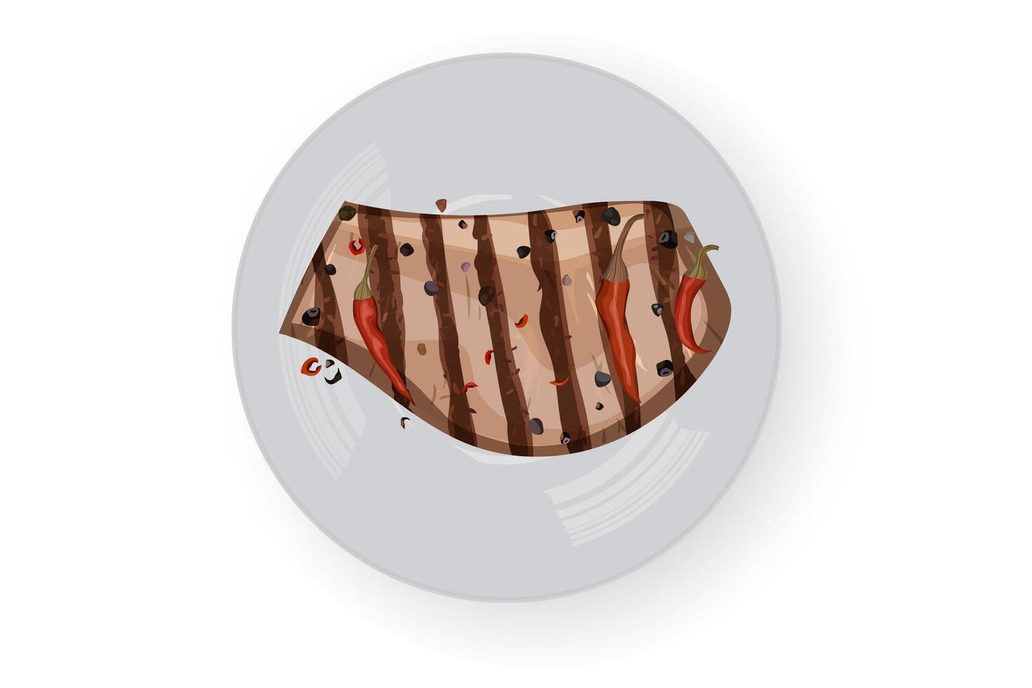 Barbecue meat with chili pepper. White background. White dish. vector