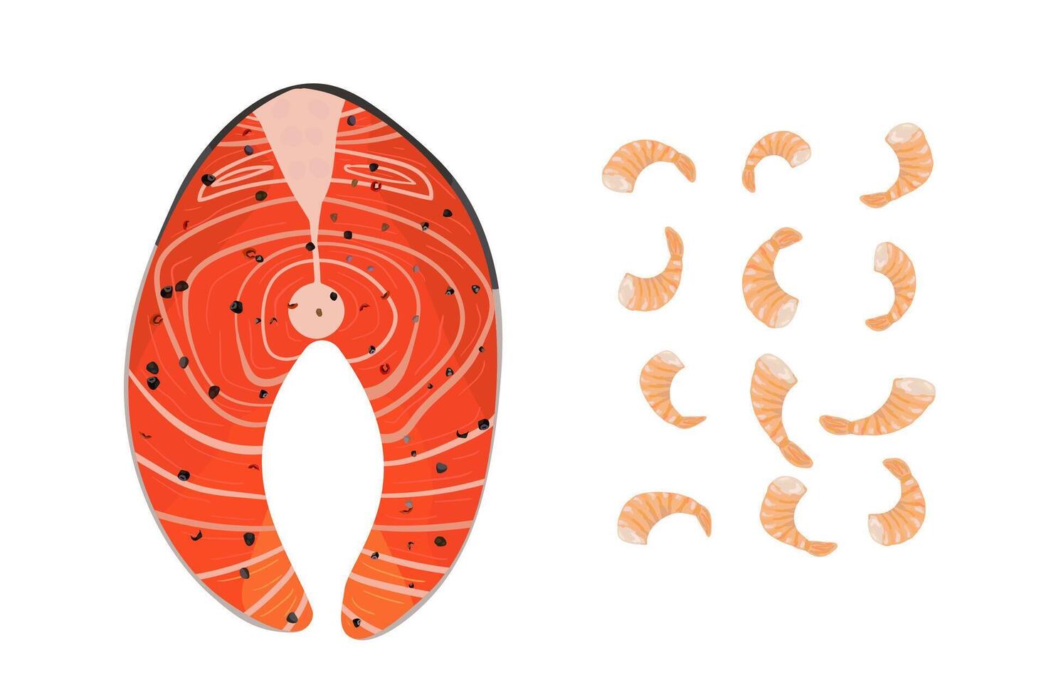 Salmon filet steak and shrimps. Seafood fish. Healthy diet. vector