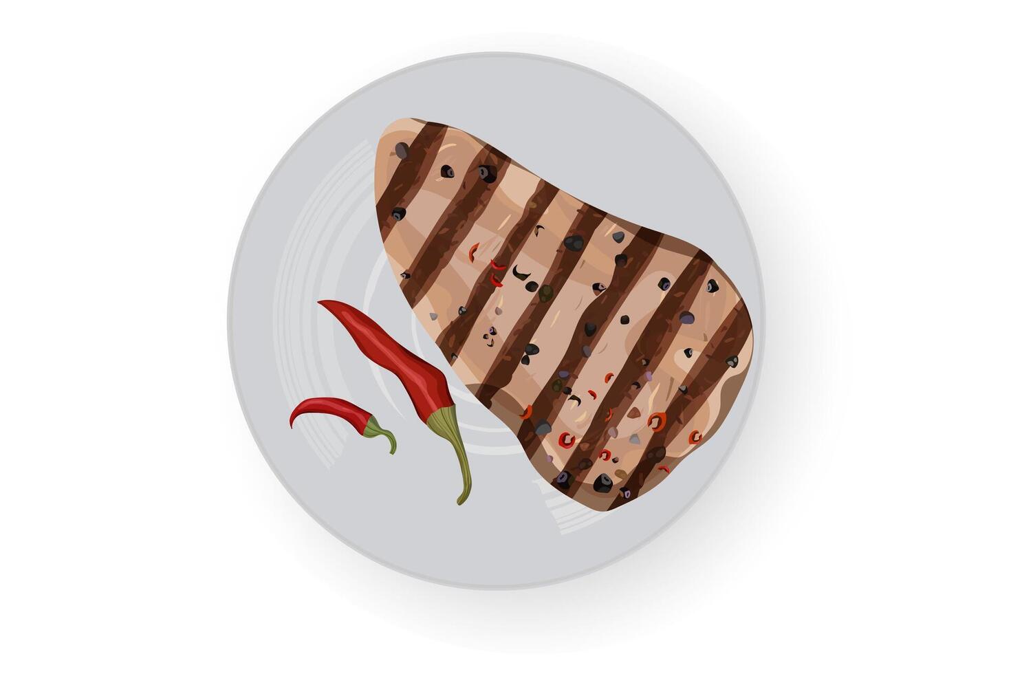 Barbecue steak with chili pepper. White background. White dish. vector