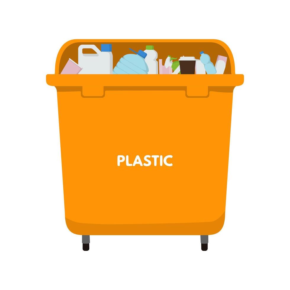 Waste sorting set. Orange garbage bin for plastic. Bottle, drink, bag, cosmetics, spray shampoo canister vector