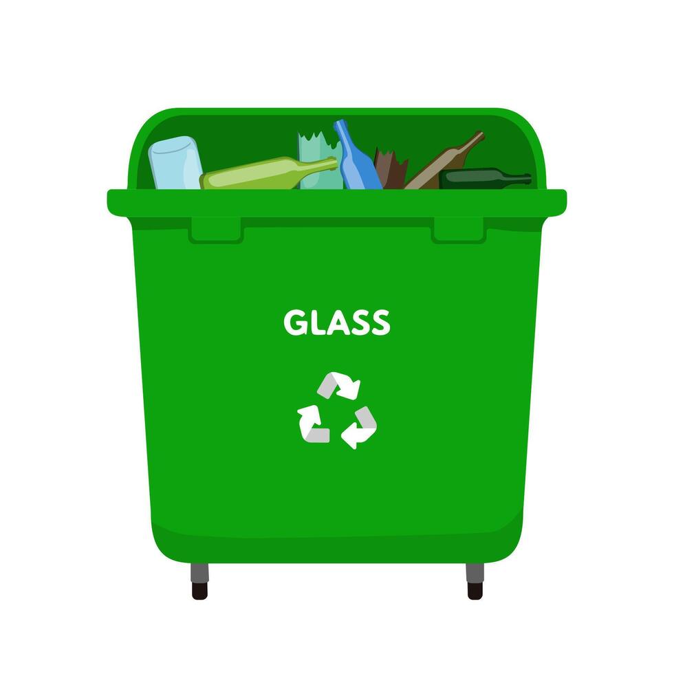 Waste sorting set. Green dumpster for glass, recycling bottle package vector