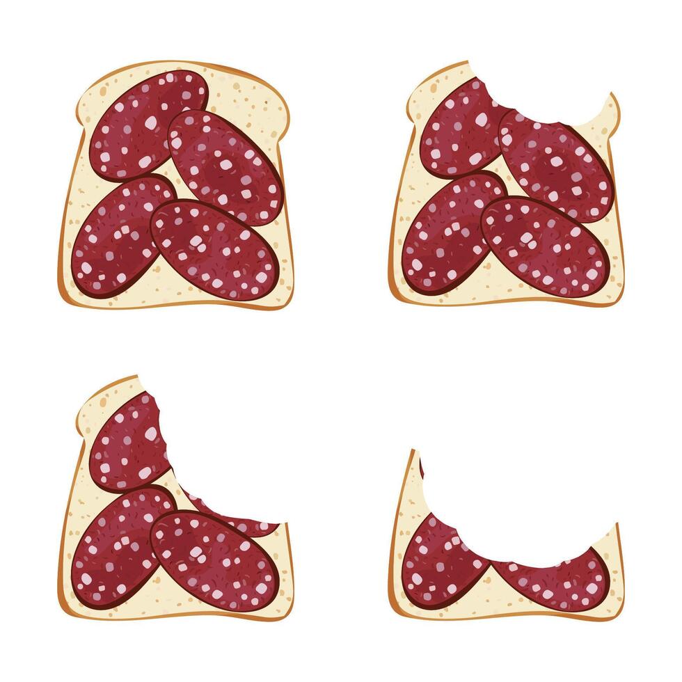 Realistic bit sandwich, bread and sausage. Snack food. vector