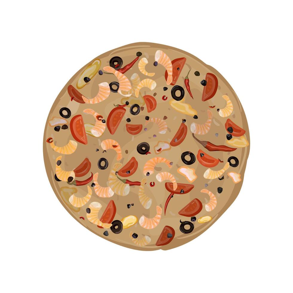 Pizza with shrimps. Tomato, pepper, olives, cheese dough seafood seasoning vector