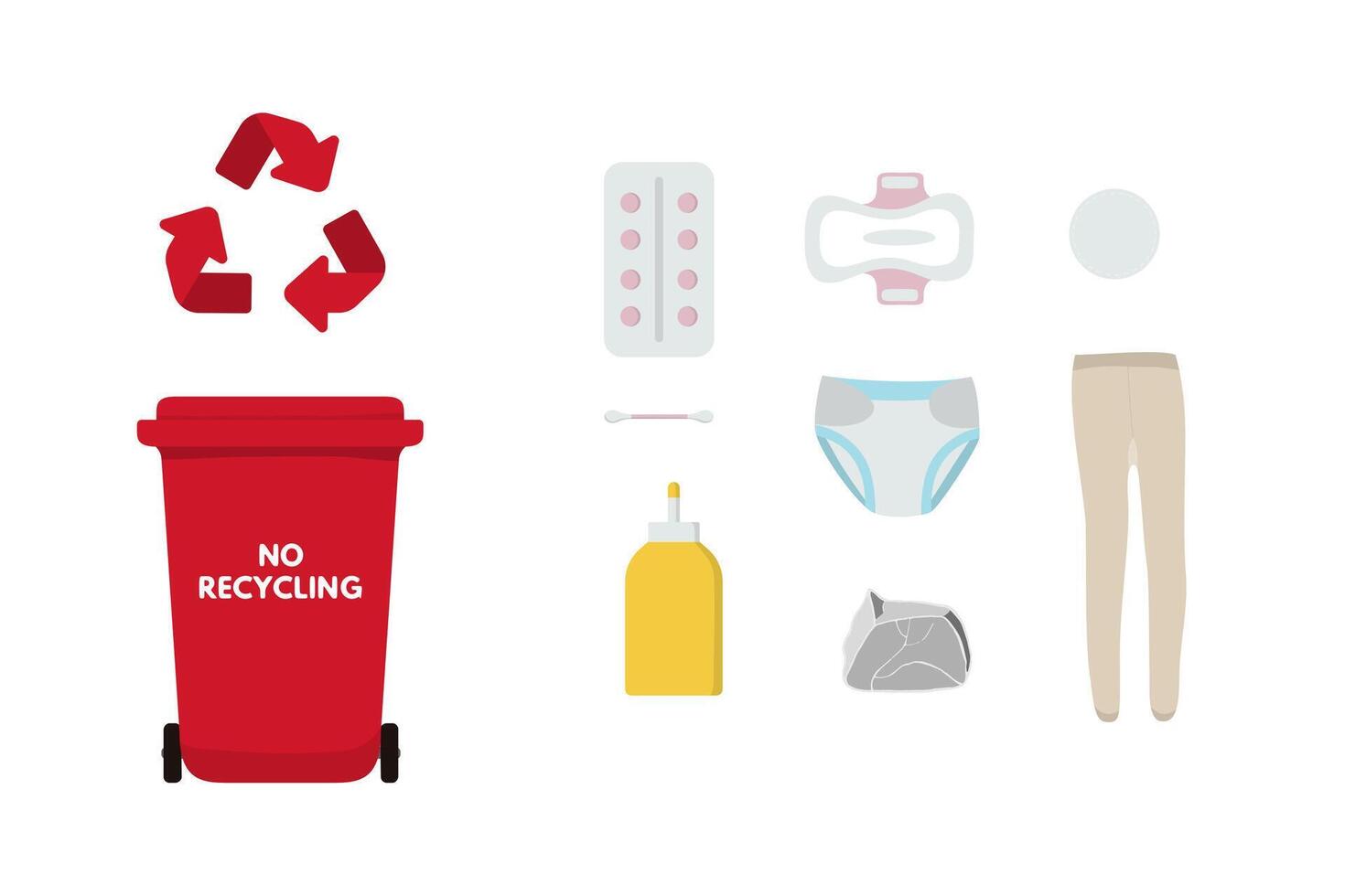 Waste sorting set. Red dumpster bin for no recycling trash, nylon, diapers, pad, tampon, tablets, glue, wet wipes, sticks vector