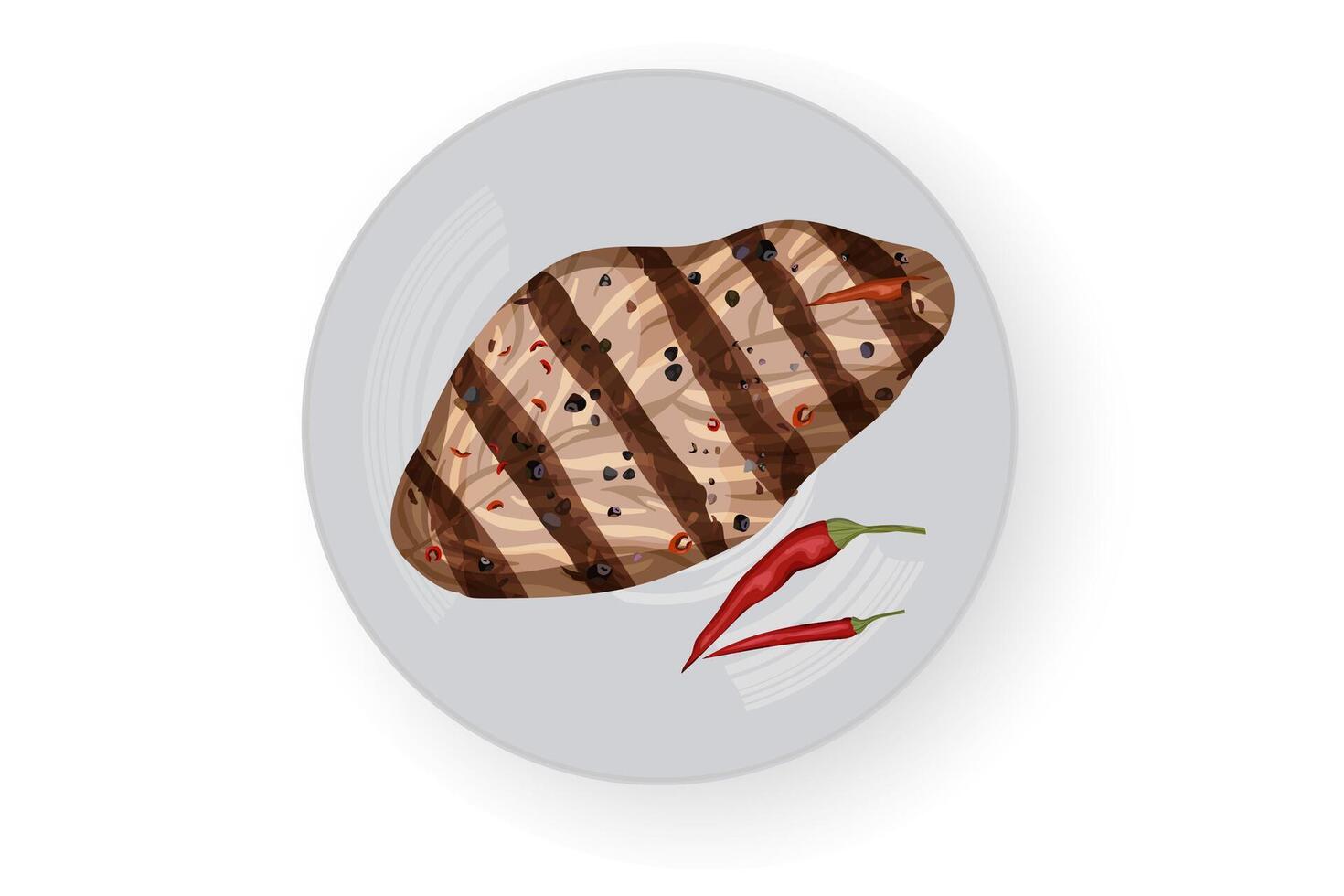 Grilled steak with chili pepper. White background. White dish. vector