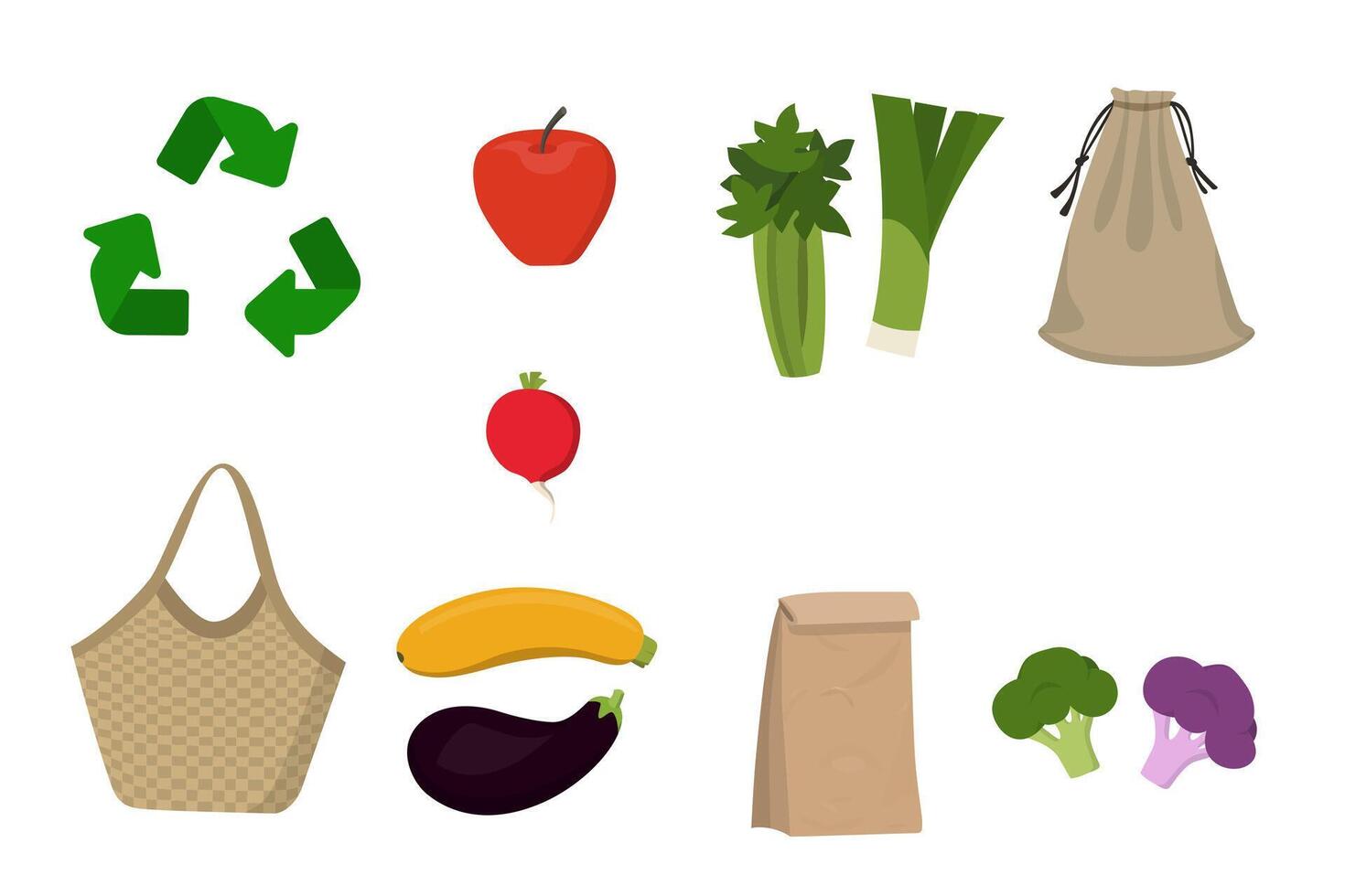 Eco bags and craft package. Icons set on white background. Apple, radish, onion, celery, broccoli, zucchini, eggplant cauliflower vector