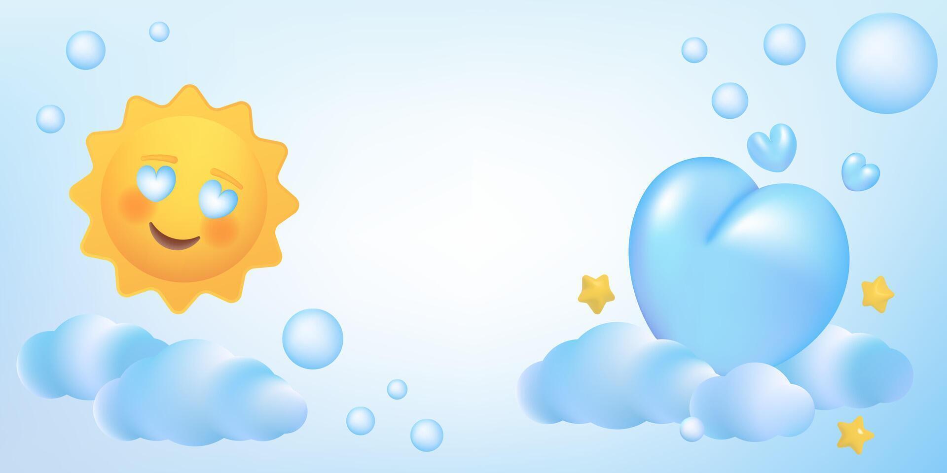 Its a boy card template. Holiday birth announcement. Cartoon blue 3d hearts, clouds, stars, sun and bubbles. Holiday birth greeting card. vector