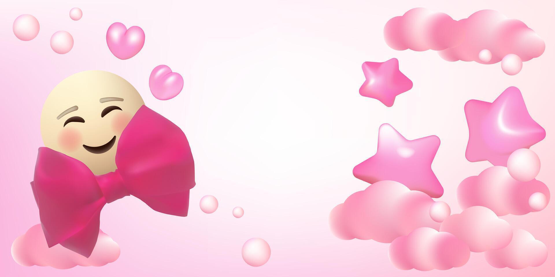 Its a girl card template. Cartoon pink 3d stars, hearts, clouds, bubbles and emoji with bow . Holiday birth greeting card design. vector