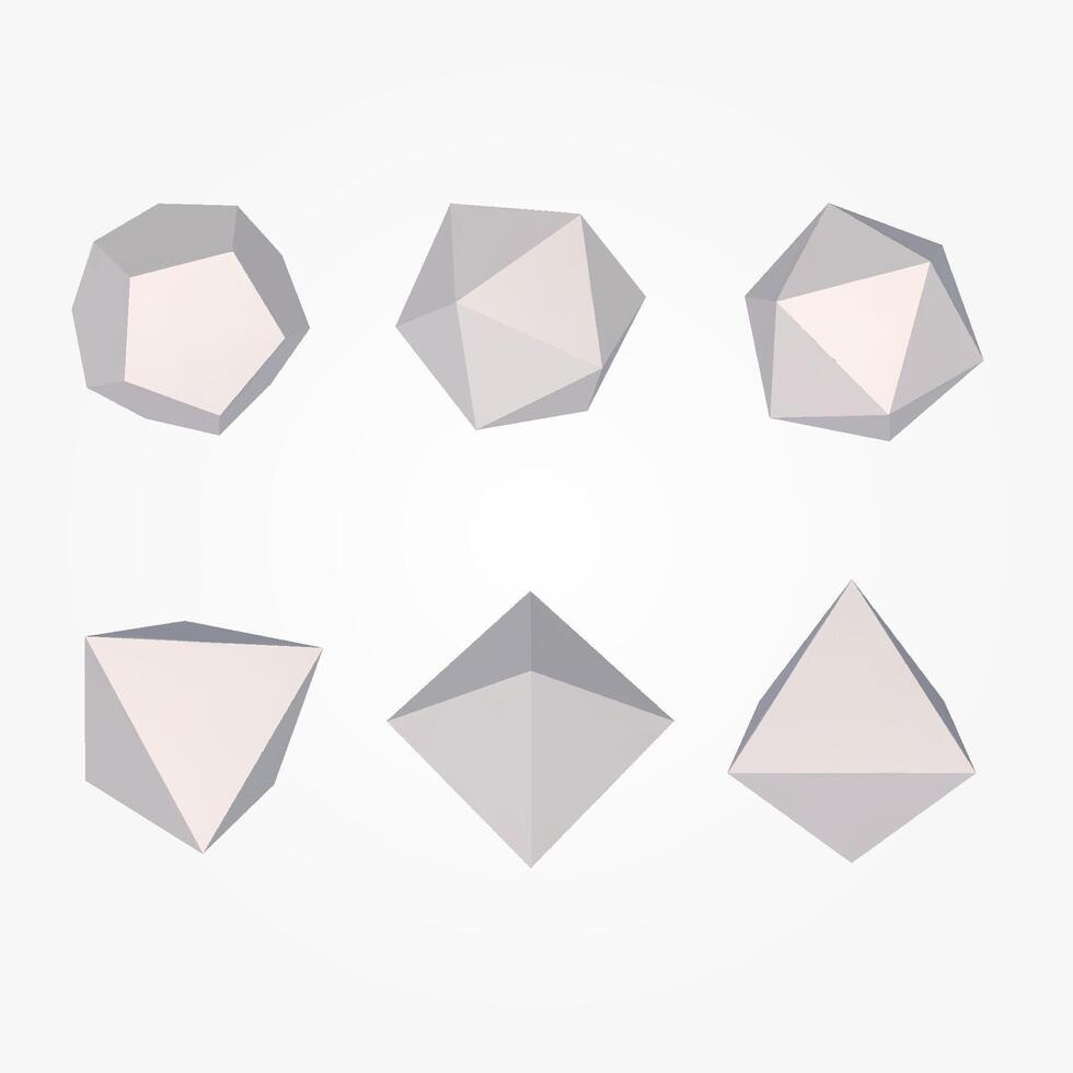 3D pyramids and pentagons set. Realistic white figures, geometry design. vector