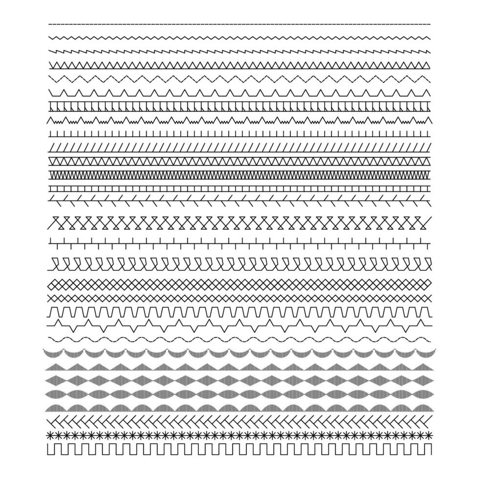 A set of sewing machine lines. Black stitch patterns vector