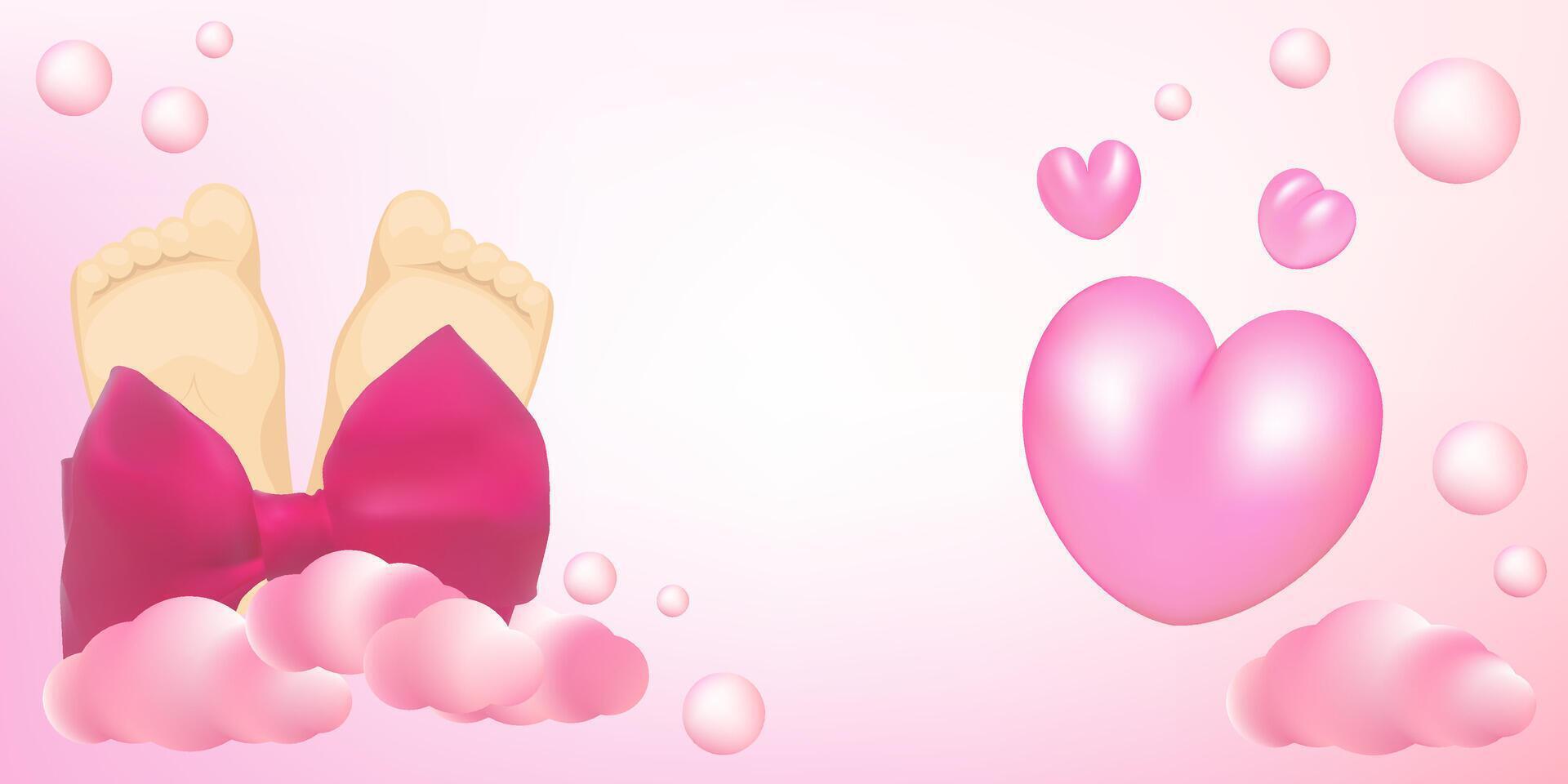 Its a girl card template. Holiday birth announcement. Cartoon pink 3d hearts, clouds, small feet with bow and bubbles. Holiday birth greeting card. vector