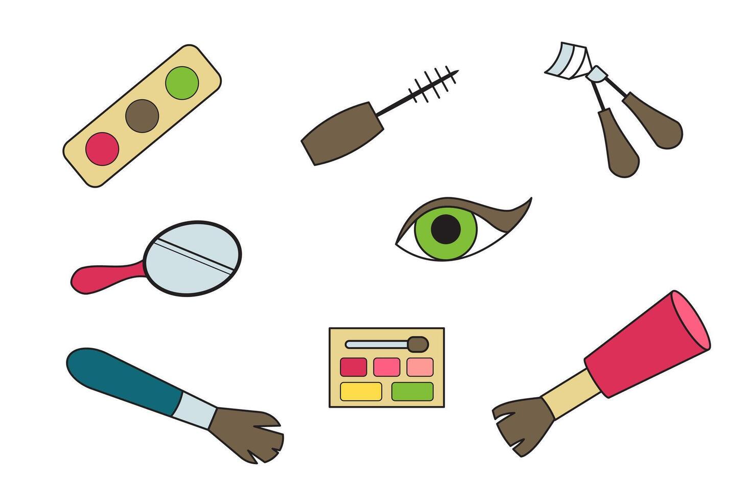 Eye makeup doodle icons. Mascara, shadows mirror brush vector