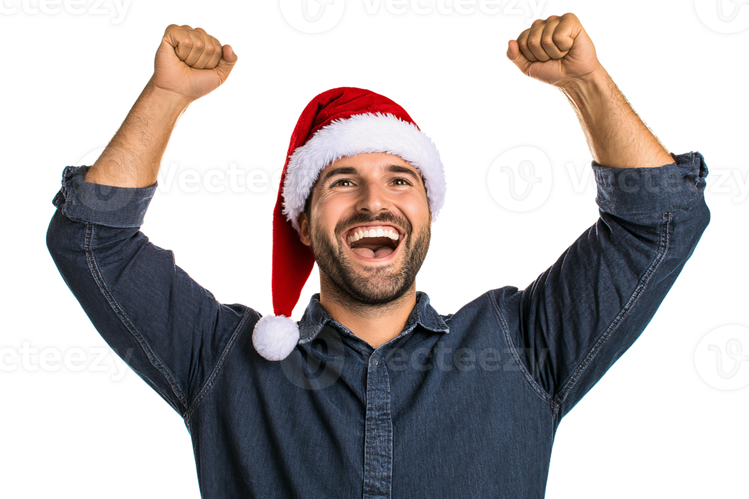 Young caucasian man celebrating Christmas wearing a santa hat isolated raising fist after a victory- winner concept. png