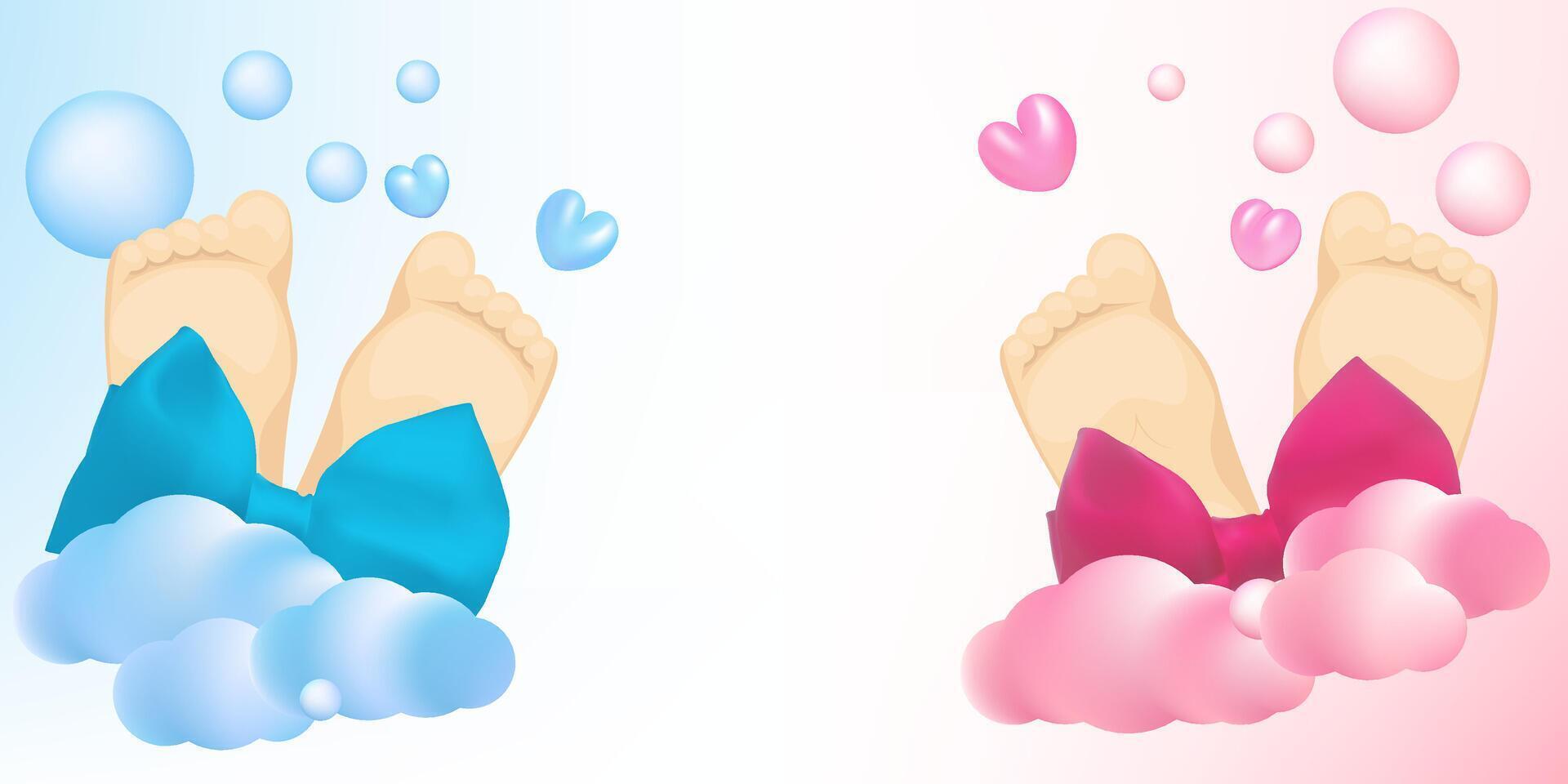 Boy or Girl invitation template. Cartoon pink and blue 3d hearts, clouds, small feet with bow and bubbles. Gender party celebration greeting card. vector
