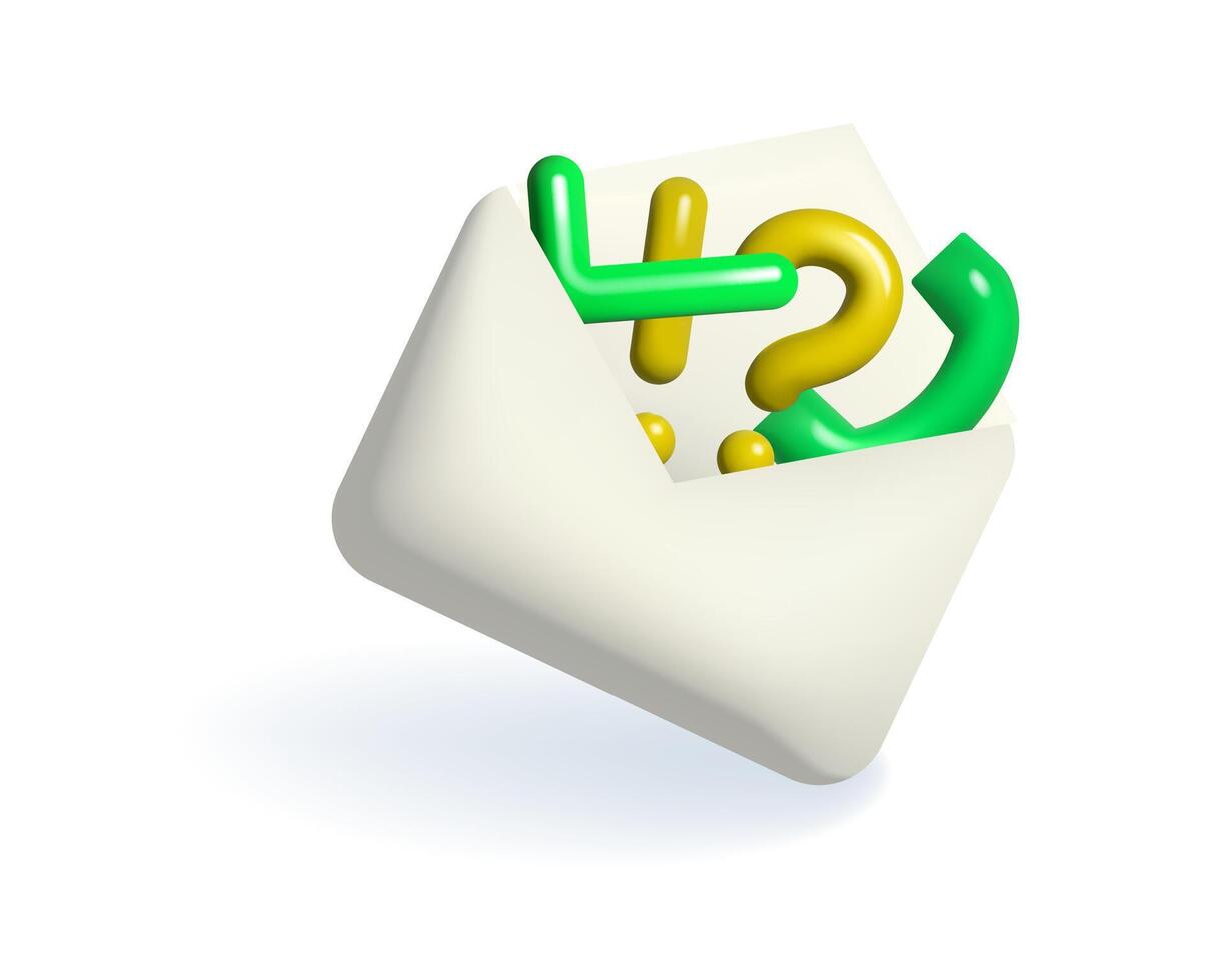Opened 3d letter envelope with question, exclamation and check marks, phone. Template of message notification. vector