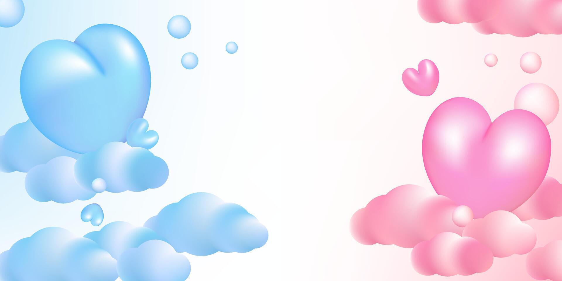 Boy or Girl invitation template. Cartoon 3d pink and blue 3d hearts, clouds, stars, sun and bubbles. Gender party celebration greeting card. vector