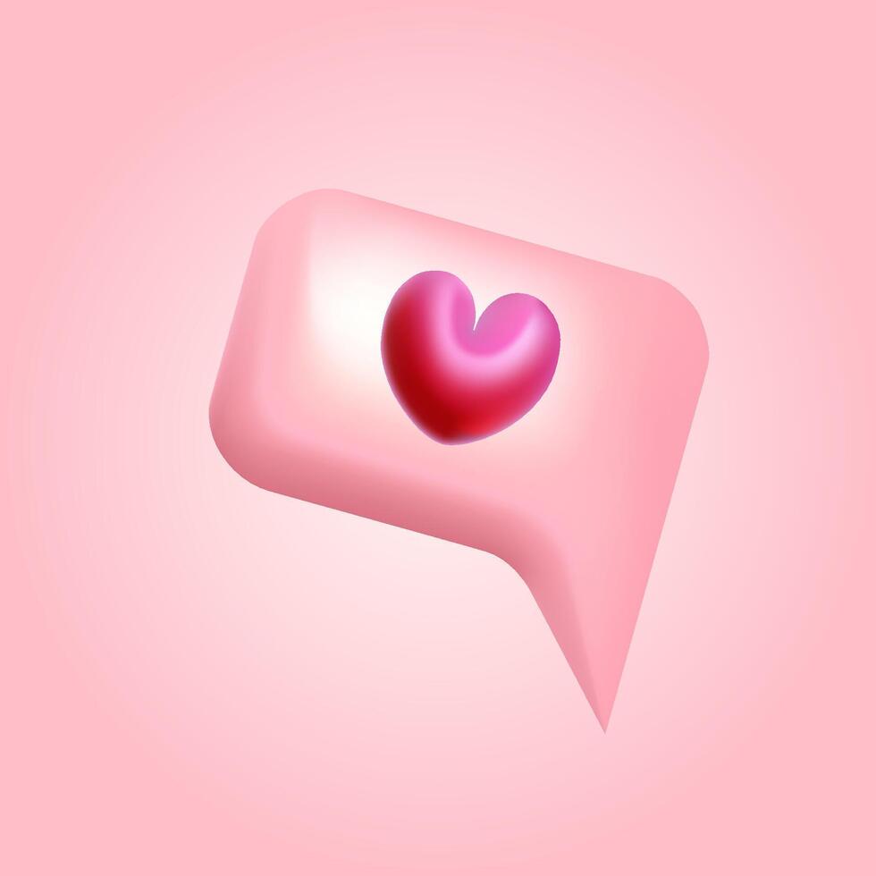 Pink 3d bubble speech with heart. Blank messenger without text, online chat, web banner, love message. vector