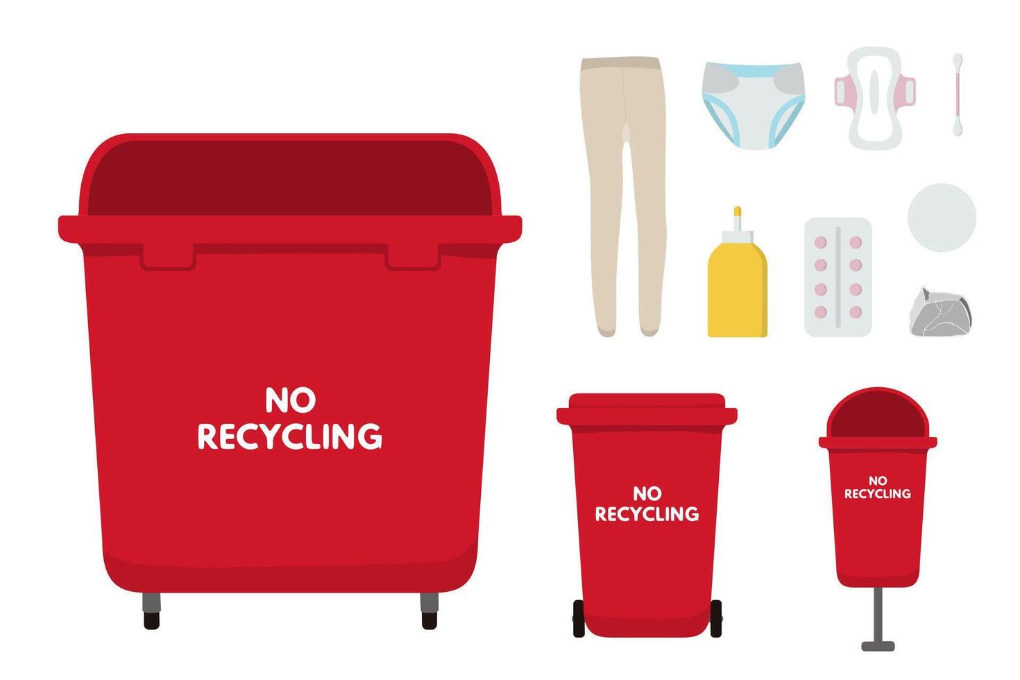 Waste sorting set, flat, infographics. Red bins for no recycling trash, nylon, diapers, pad, tampon, tablets glue vector