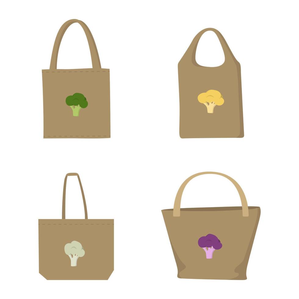 Eco friendly fabric bags with broccoli and cauliflower. Icons set on white background. Reusable textile handbags vector