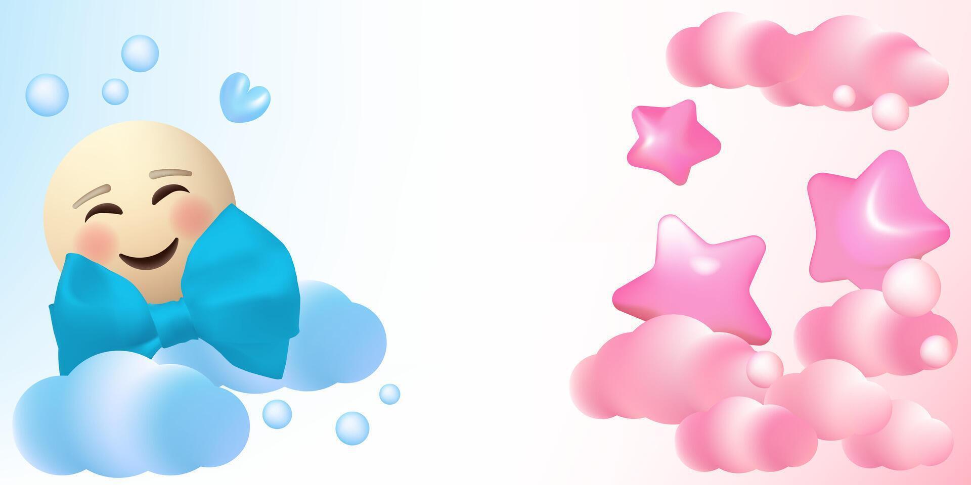 Its a boy card template. Cartoon blue 3d stars, hearts, clouds, bubbles and emoji with bow . Holiday birth greeting card design. vector