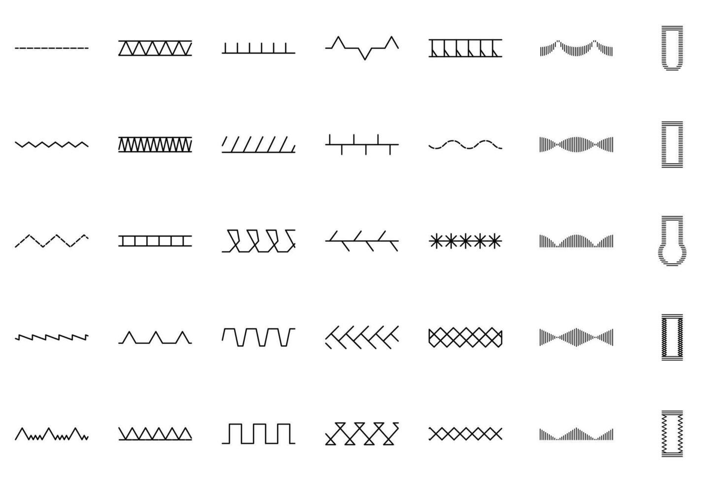 A set of sewing machine stitch icons. Black patterns. vector