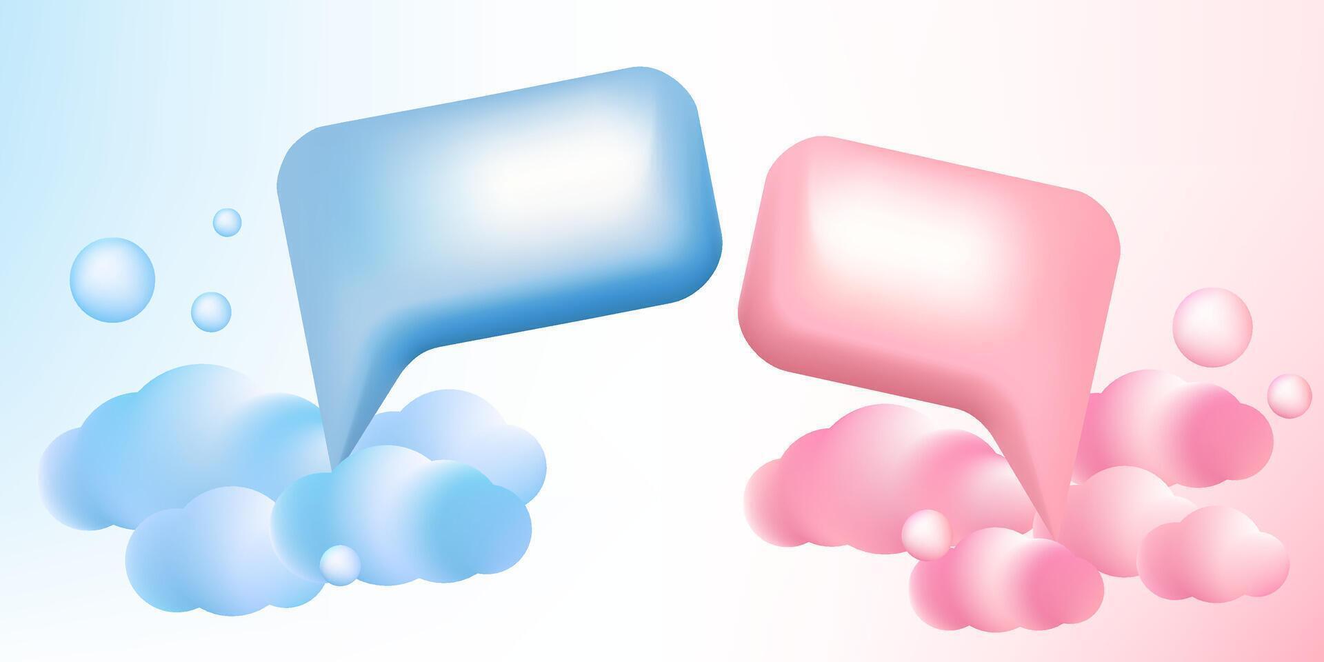 Boy or Girl invitation template. Cartoon 3d pink and blue 3d bubble speeches and clouds. Gender party celebration greeting card. vector