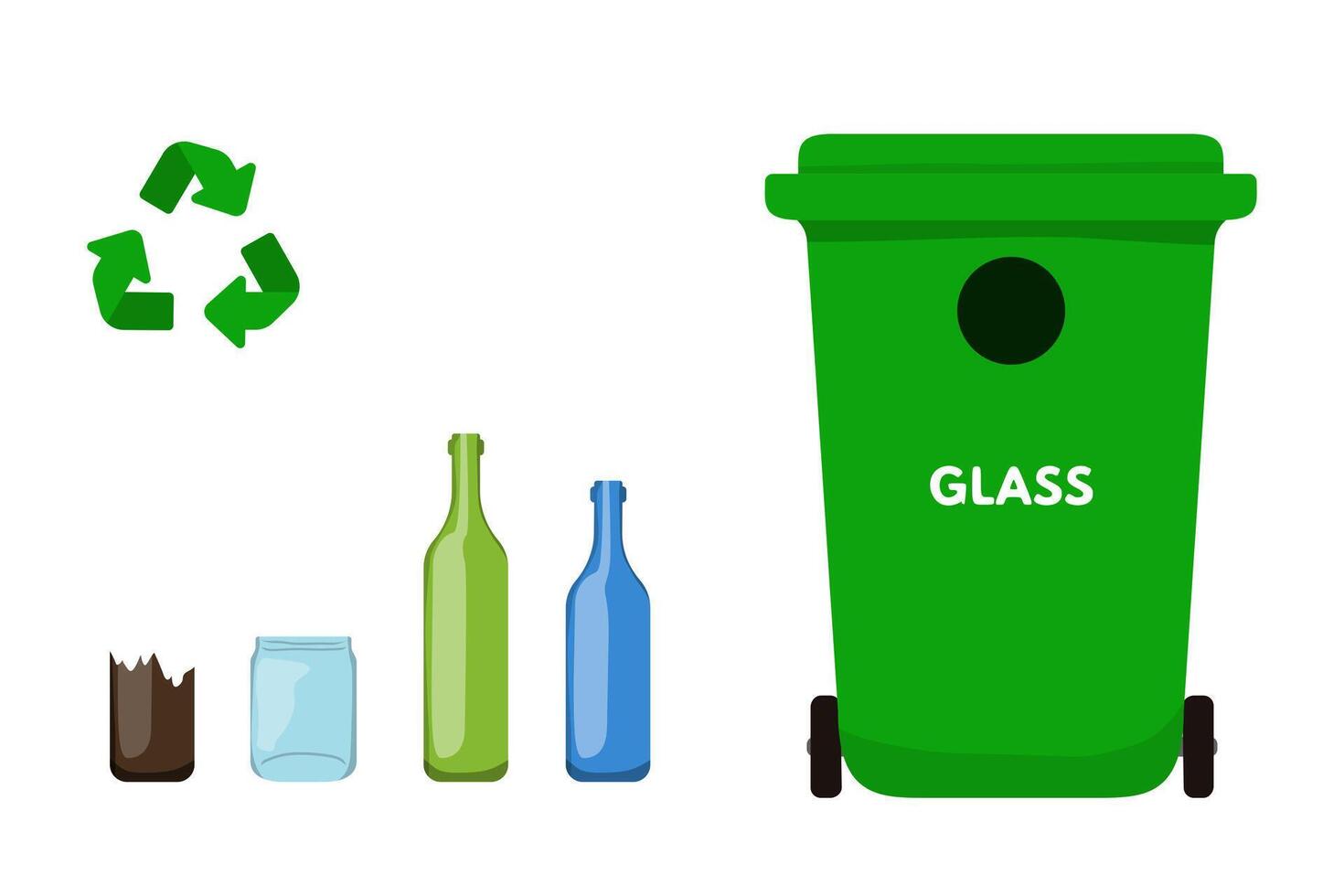 Waste sorting set. Green trash bin for glass, recycling bottle package vector