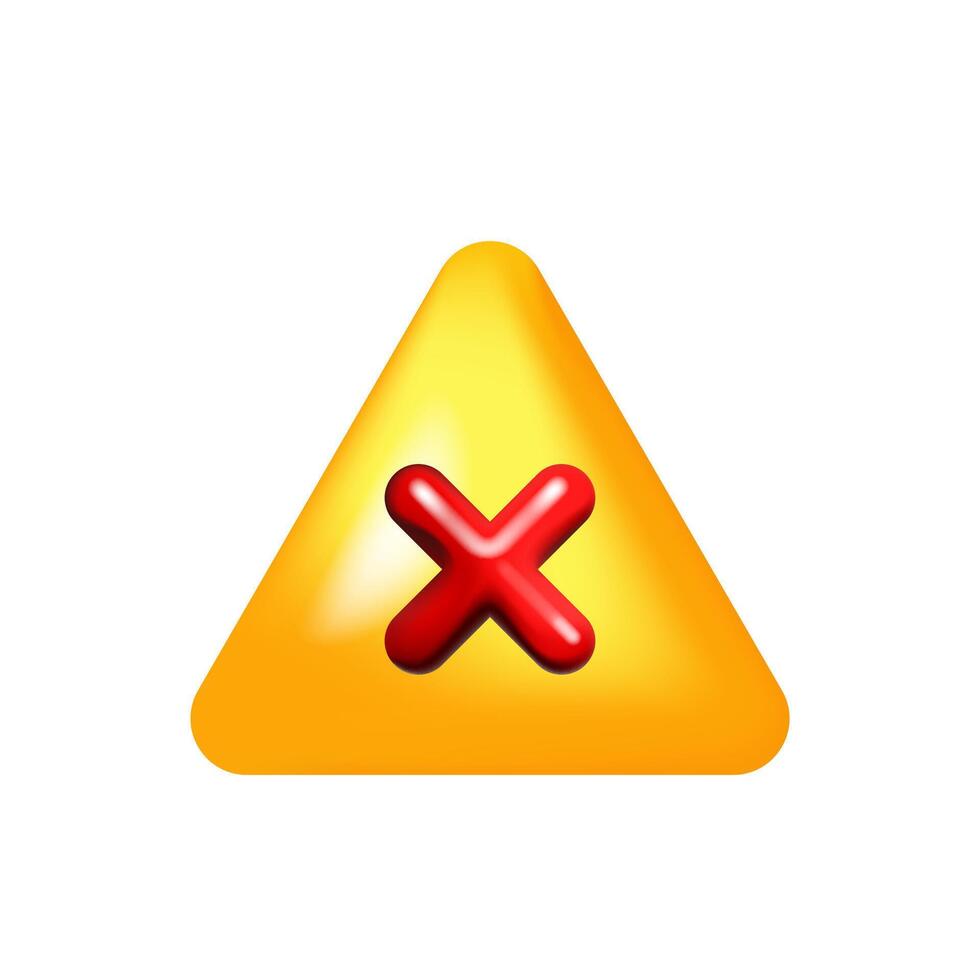 3D yellow warning sign with red cross. Alert sign triangular shape, prohibited notice. vector