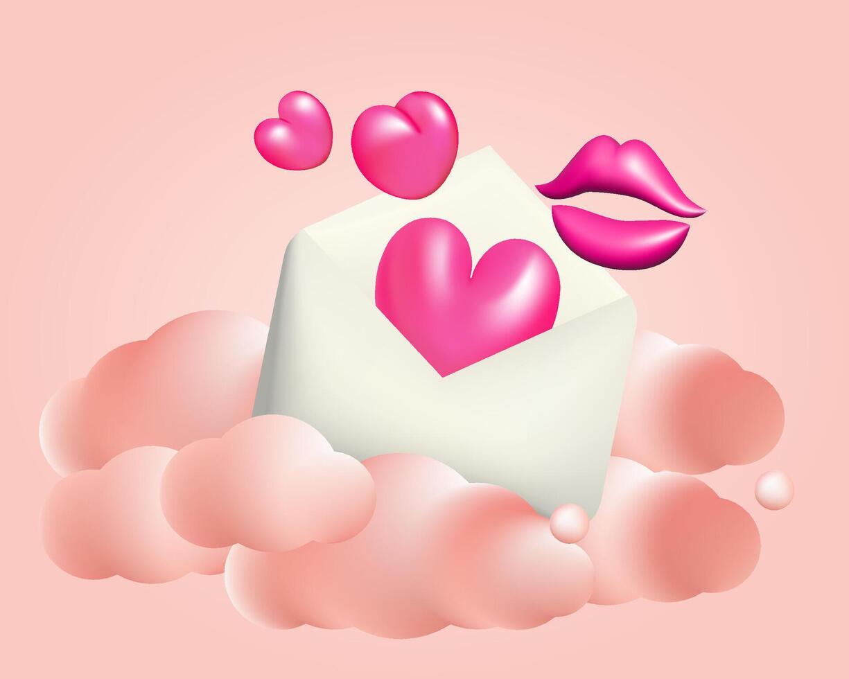 3d white mail envelope with pink hearts and lips. Clouds, kiss, love. Realistic design for Valentine and Mother Day, wedding postcard. vector