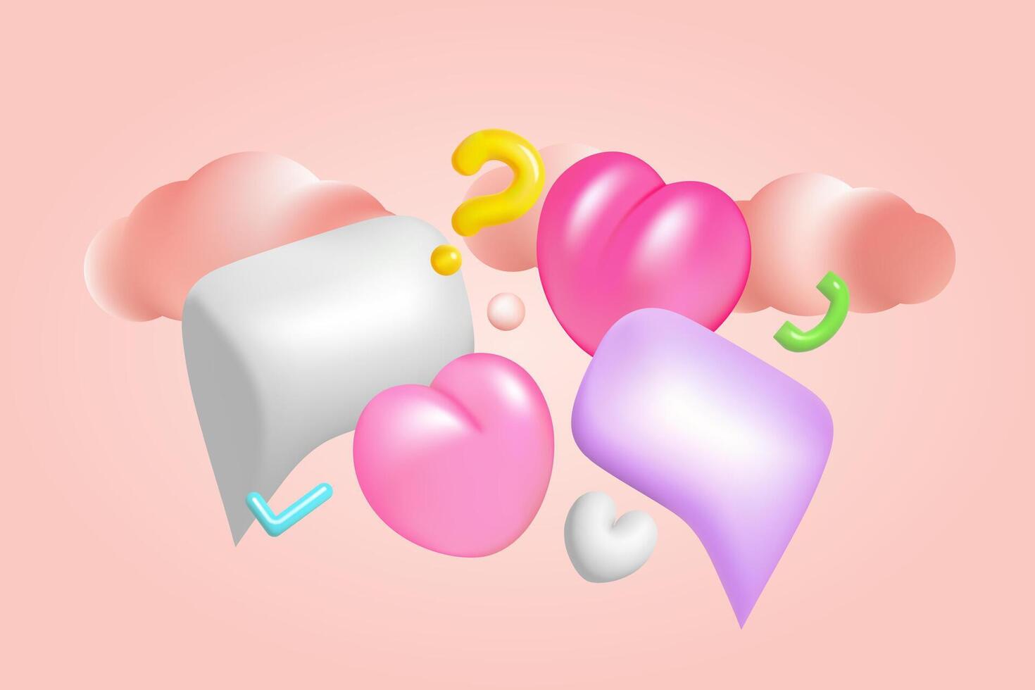 3d bubble speeches with hearts, clouds. Valentine Day web banner. vector