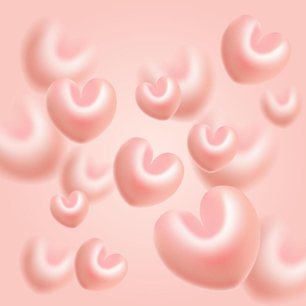 Pink and blurred 3D hearts. Valentine day background, romantic template, love banner vector