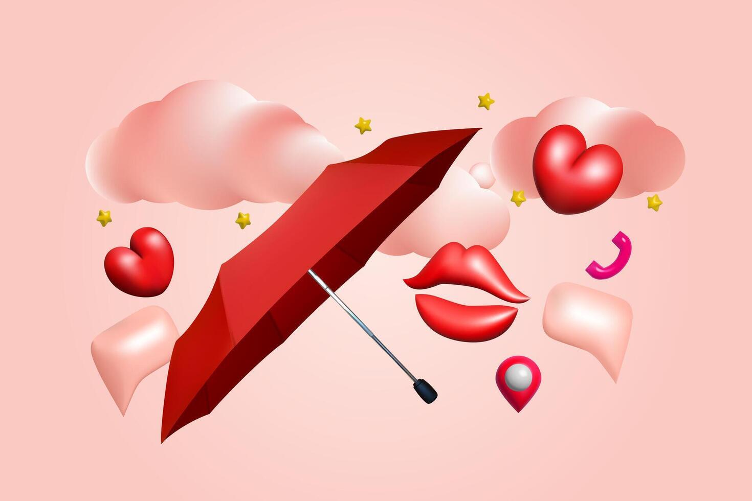 3d red heart with lips, phone, map pin, umbrella and bubble speech. Pink clouds on the sky. Objects for love, Valentine Day decoration, wedding celebration. vector
