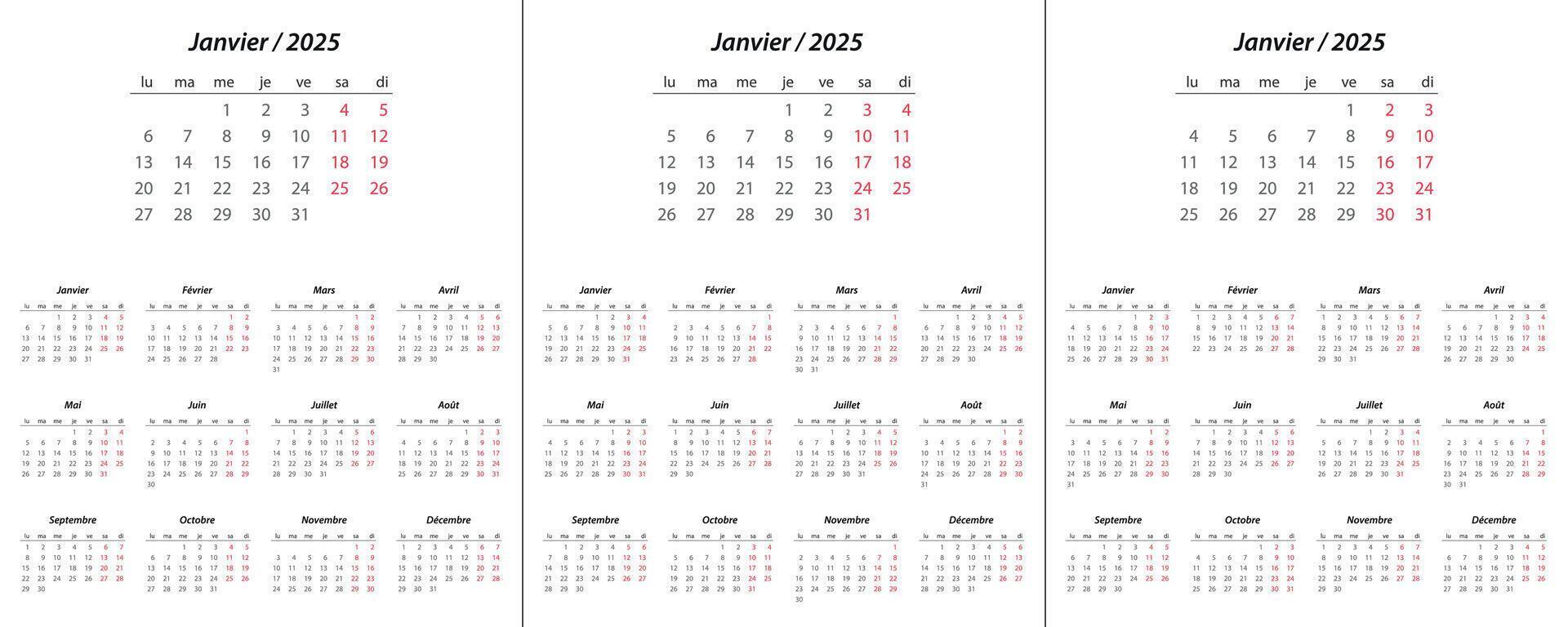 Calendar 2025, calendar 2026, calendar 2027 on french language week start Monday vector