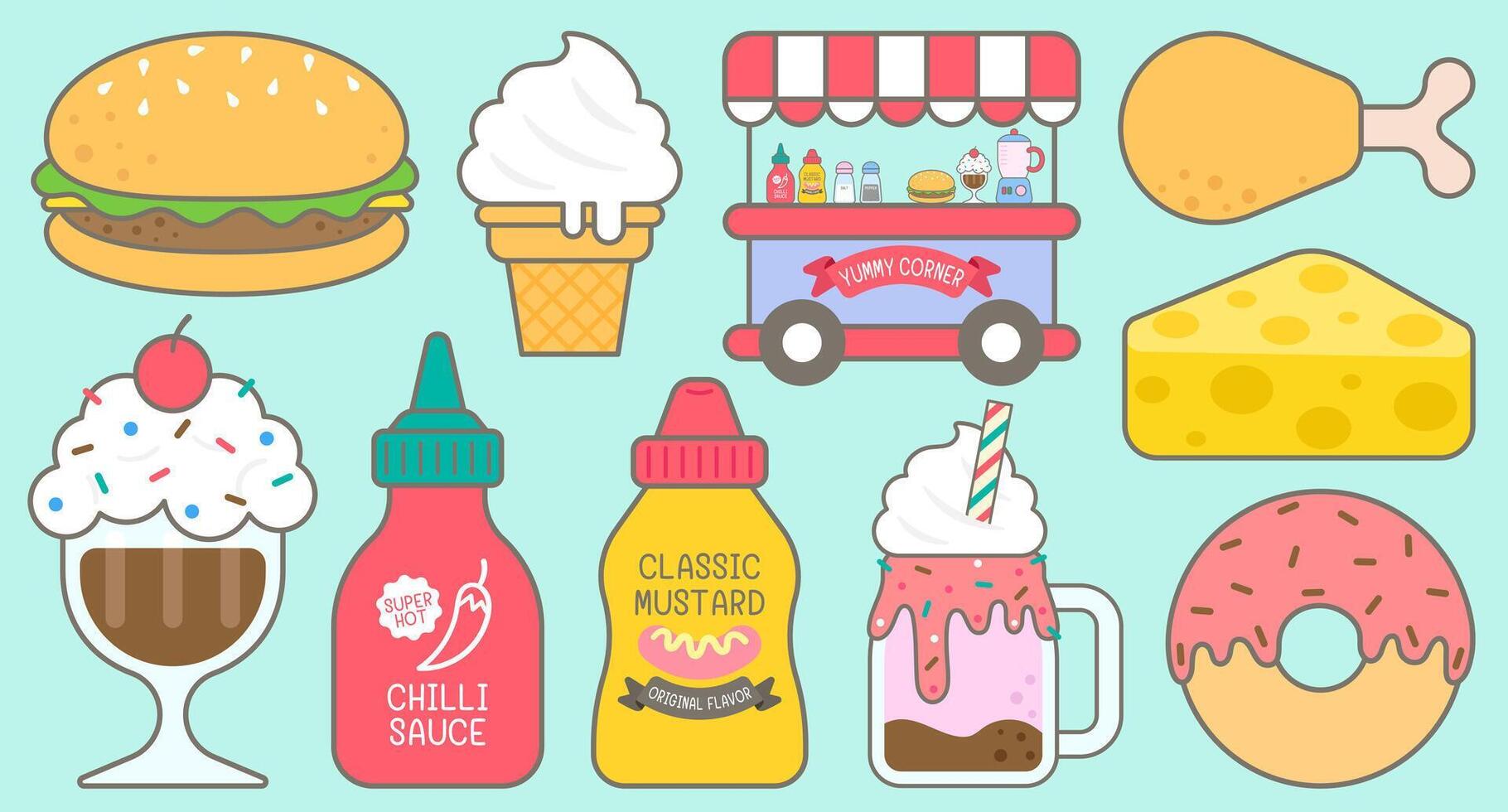 Kid Hand Drawn Cute Fast Food Elements vector