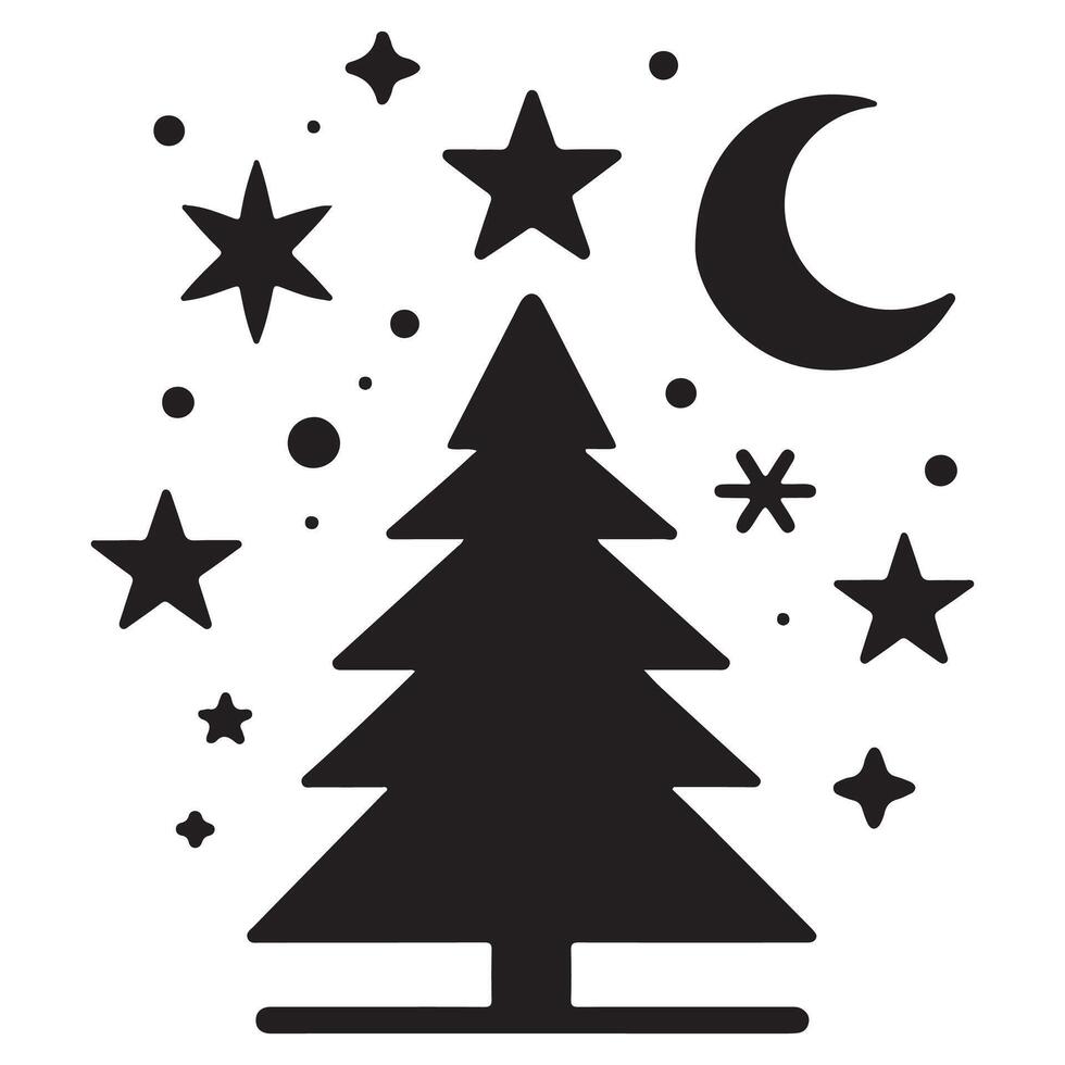 Night Sky with Christmas Tree, Stars, and Moon Silhouette vector