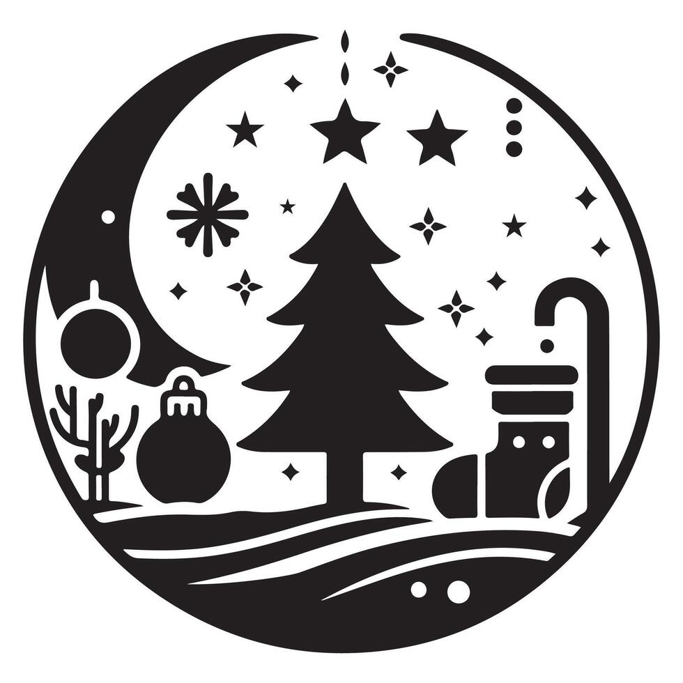 Christmas Silhouette with Tree, Stocking, and Ornaments vector